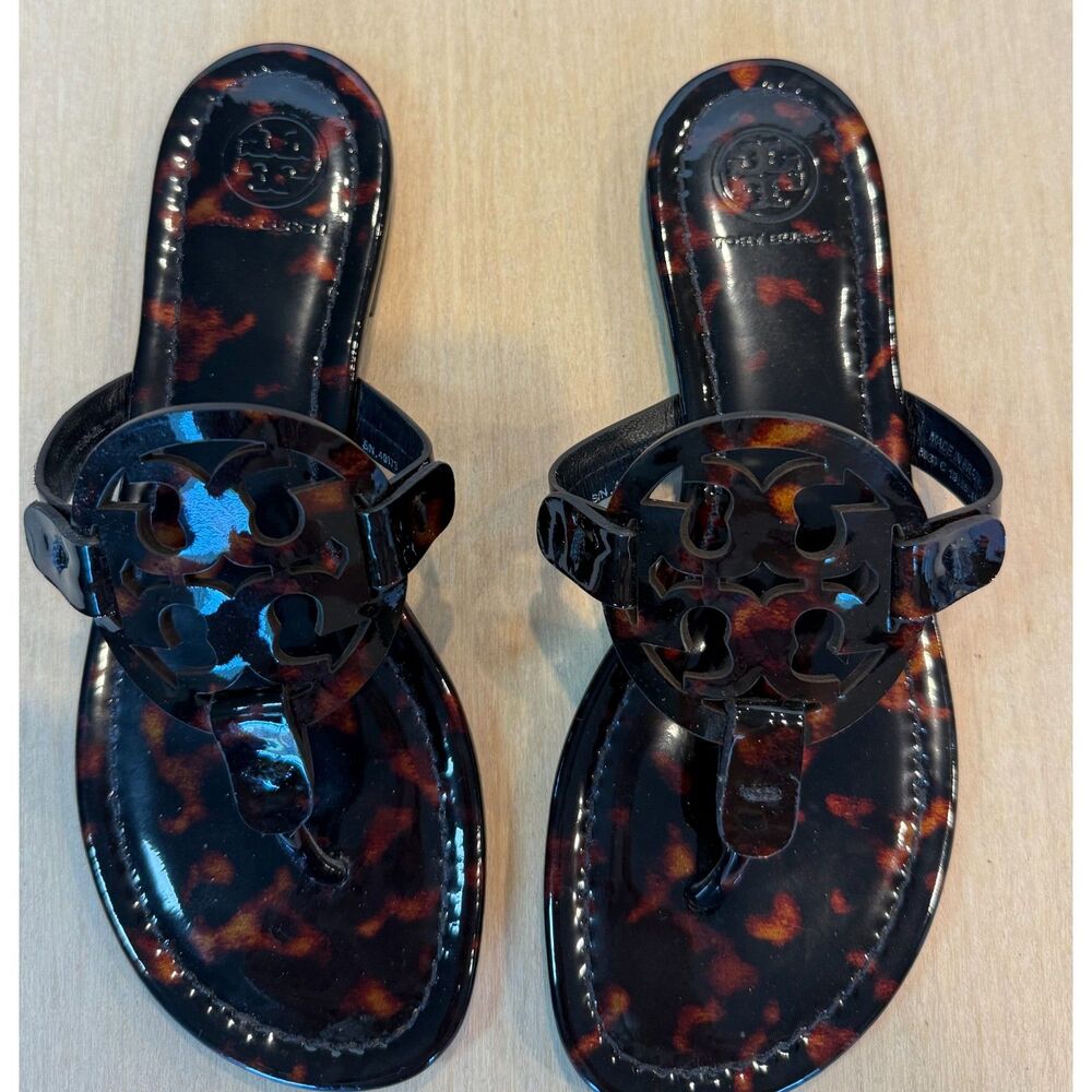 Tory Burch Miller Tortoise Patent Leather Thong Sandal Size 6M 5930 Brazil - Picture 2 of 6